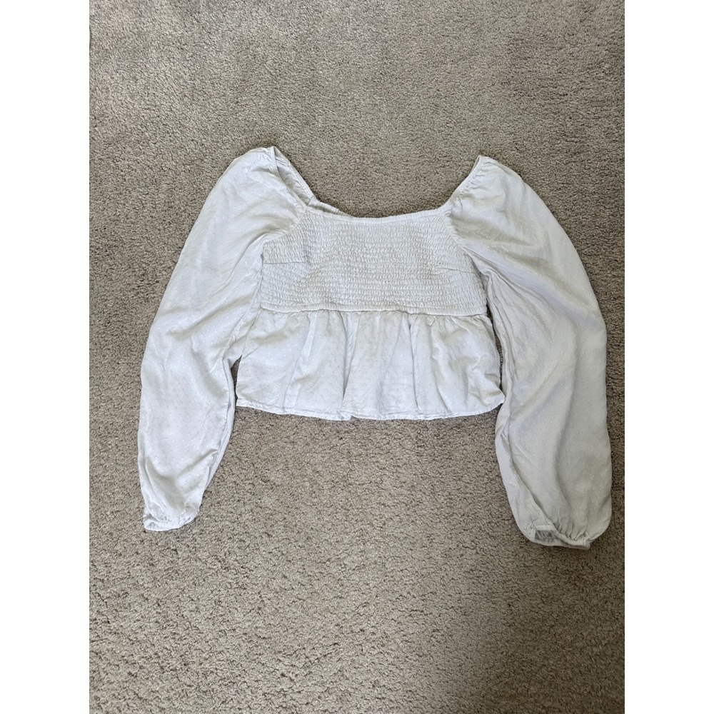Hollister White Swiss Dot‎ Smocked Peplum Peasant Top Long Sleeve Womens Medium